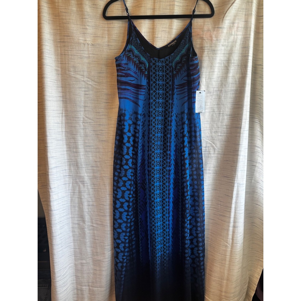 Express Blue Geometric Tribal Print Maxi Dress V-Neck Spaghetti Strap NWT XS